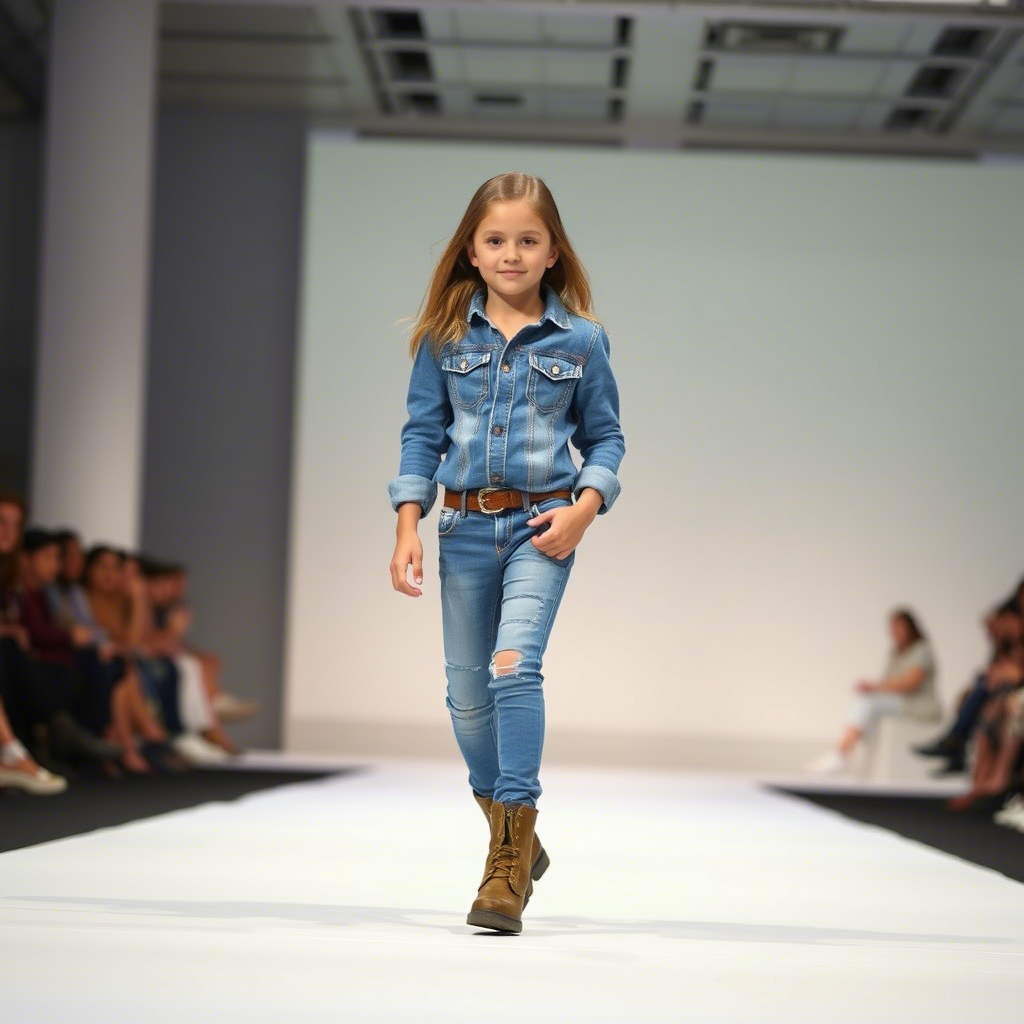 Kids fashion model showcasing trendy jeans and boots on a catwalk