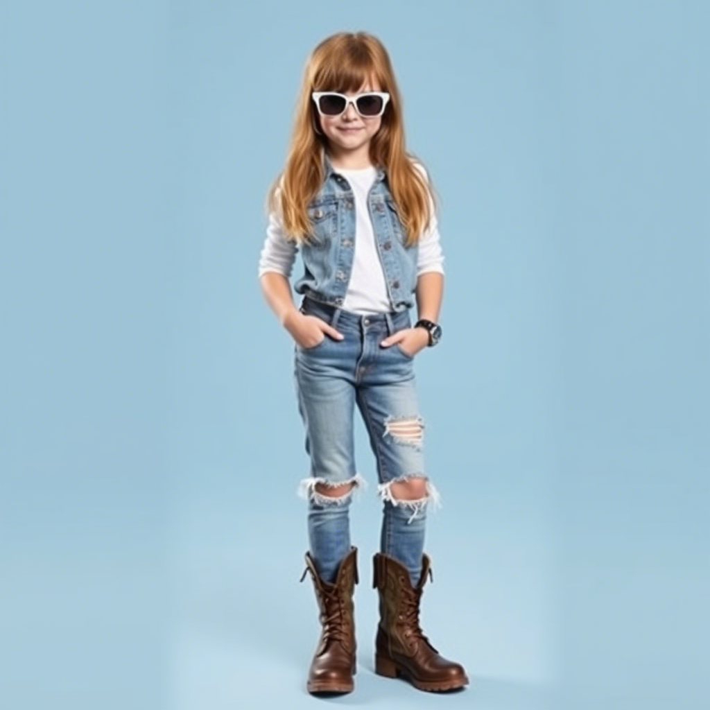 Kids fashion model showcasing trendy jeans and boots
