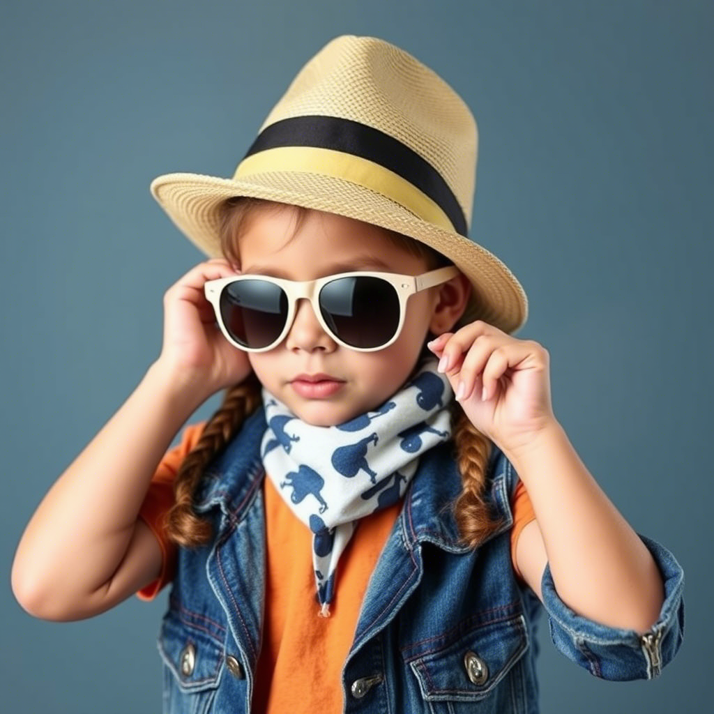 Kids fashion model showcasing trendy kid’s sunglasses and hat