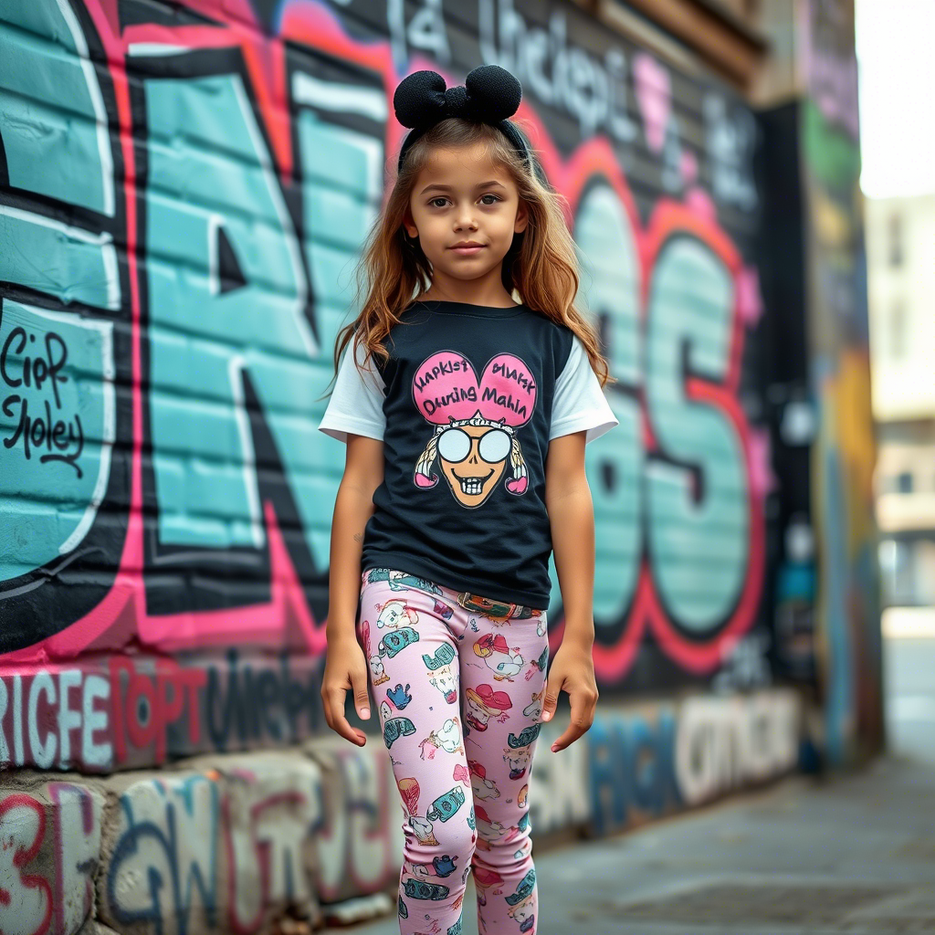 Kids fashion model showcasing trendy leggings and graphic tops, standing in front of a city graffiti wall.
