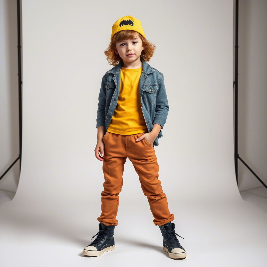 Kids fashion model showcasing trendy pants in a studio setting