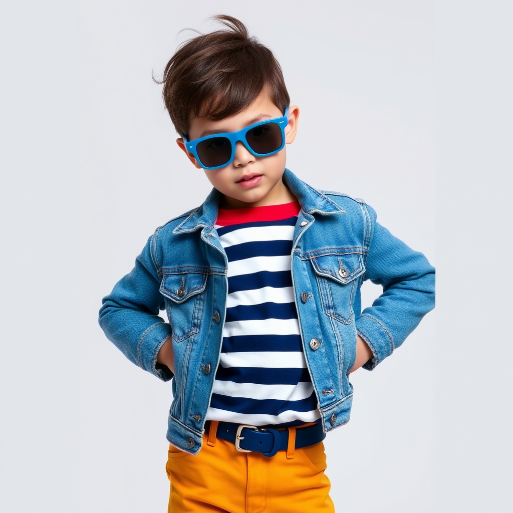 Kids fashion model showcasing vibrant striped shirt and denim jacket