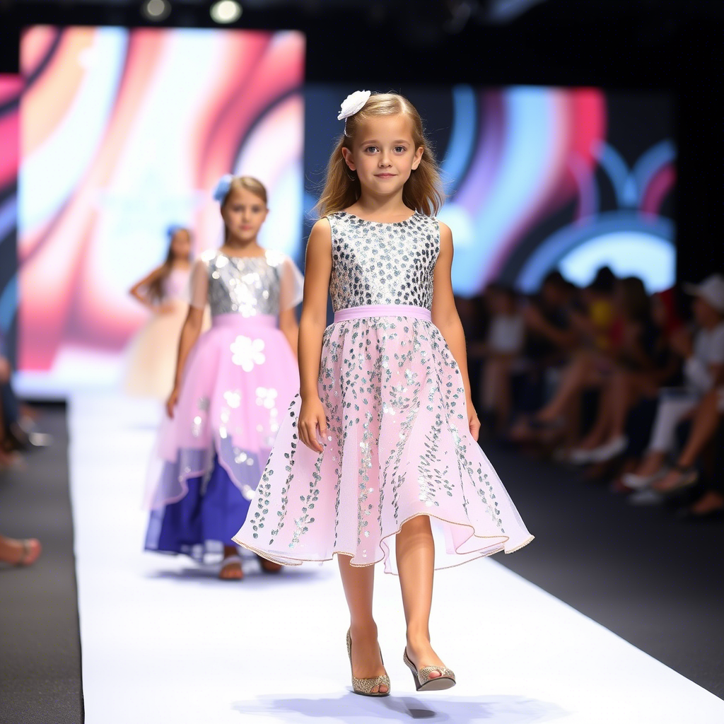 Kids fashion model showcasing wholesale sequin dresses on catwalk
