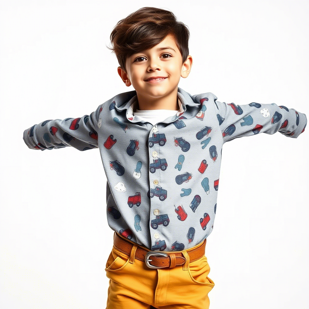 Kids fashion model showcasing trendy boys’ shirts on a white background