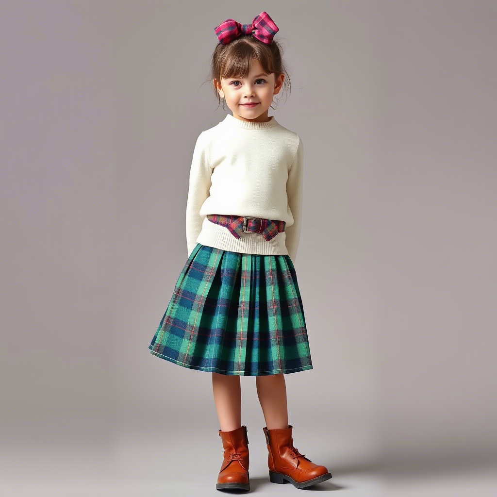 Kids fashion model wearing a tartan pleated skirt