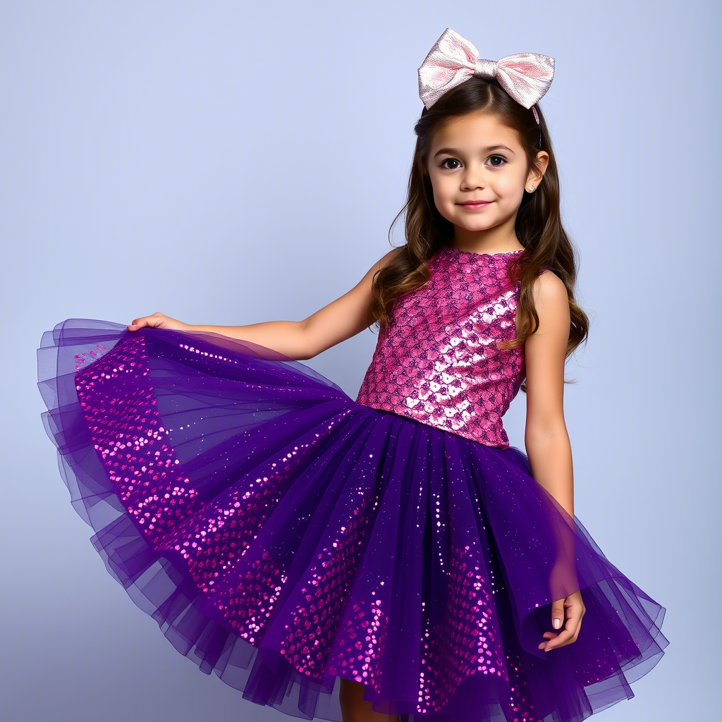 Kids fashion model wearing glittering skirt and top ensemble