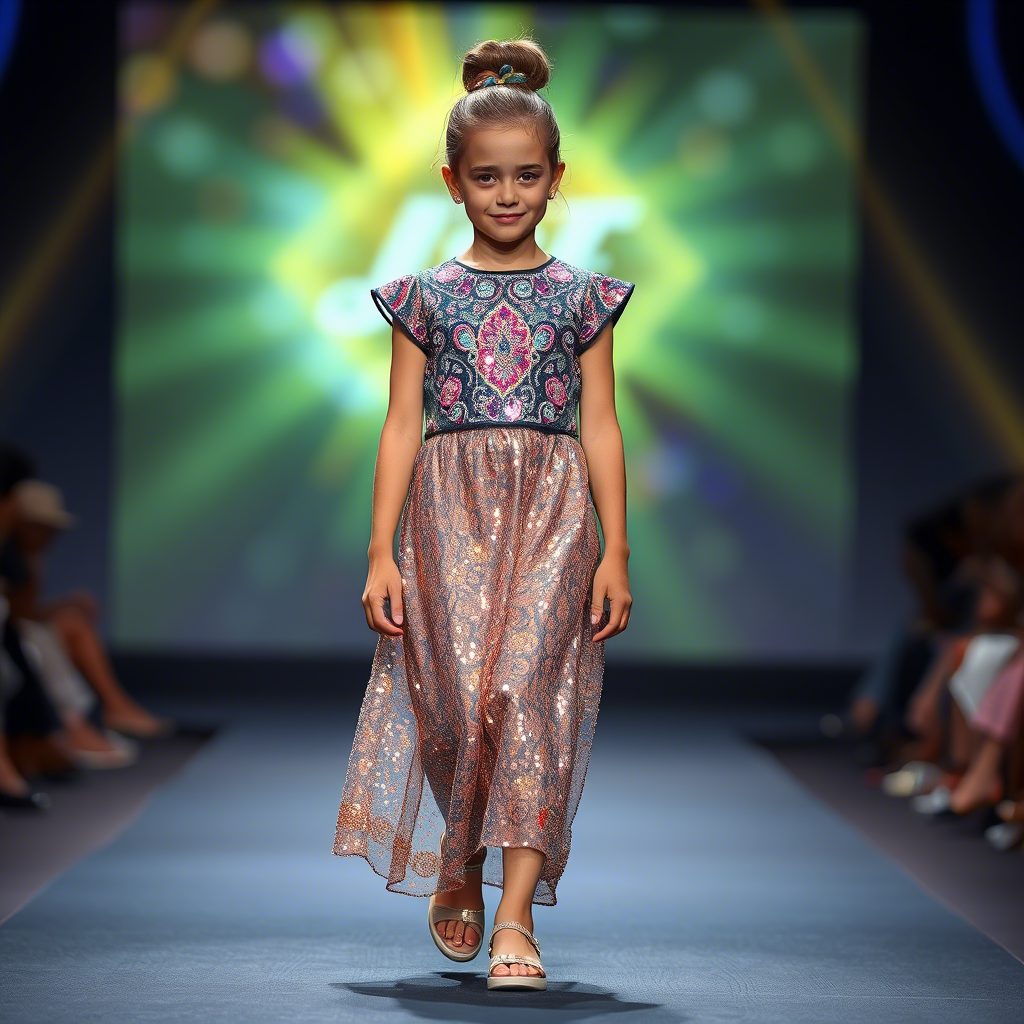 Kids fashion model wearing glittery skirt and top on catwalk