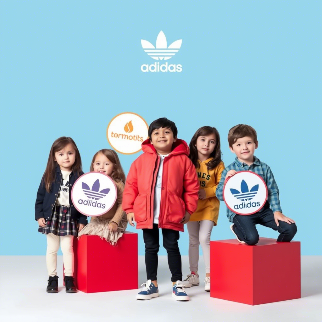Kids fashion models posing with brand logos on a clean background