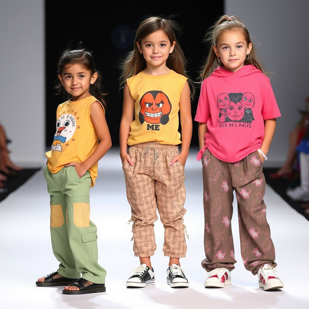 Kids fashion models showcasing latest pants designs