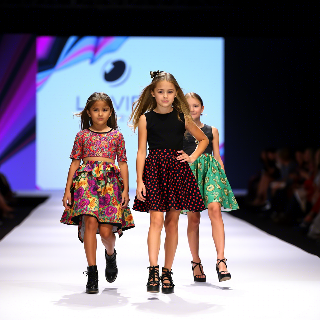Kids fashion models showcasing latest skirt designs on a catwalk