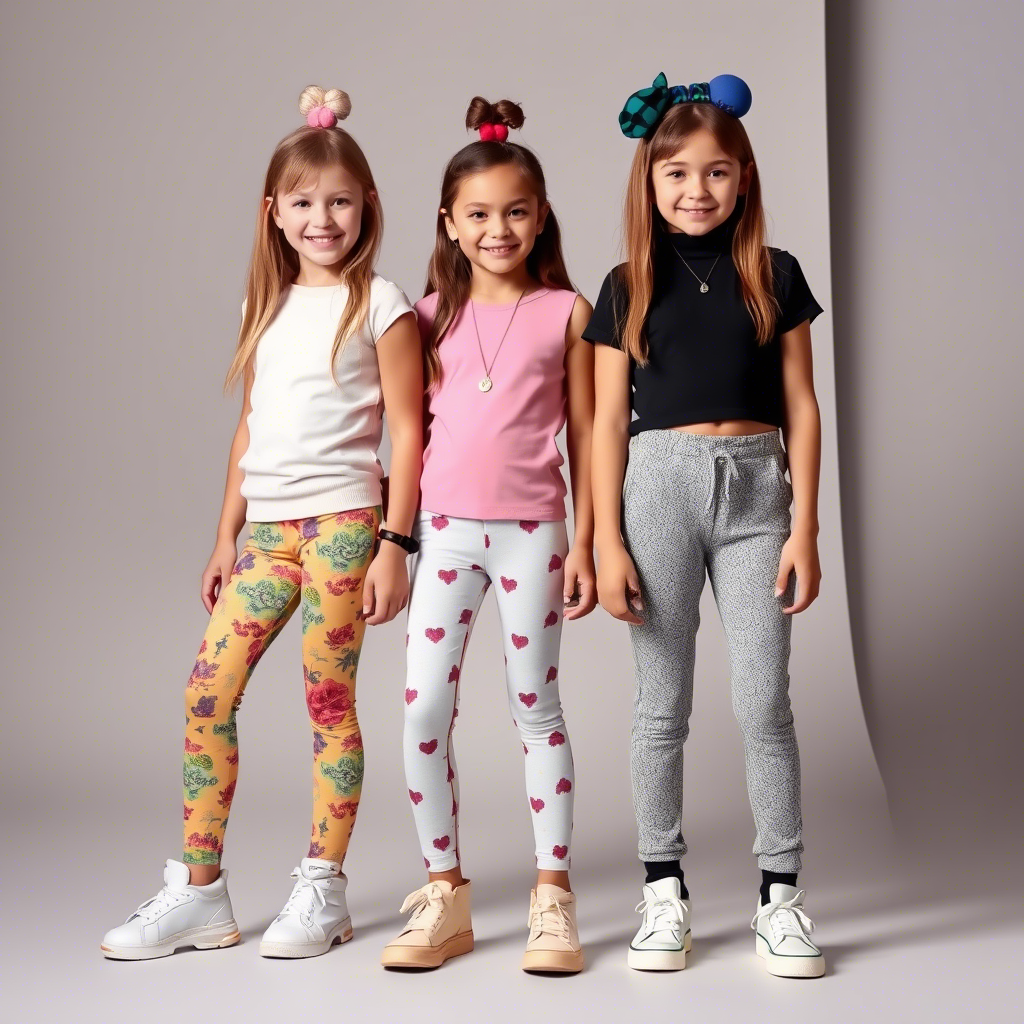 Kids fashion models showcasing trendy leggings and pants in a studio