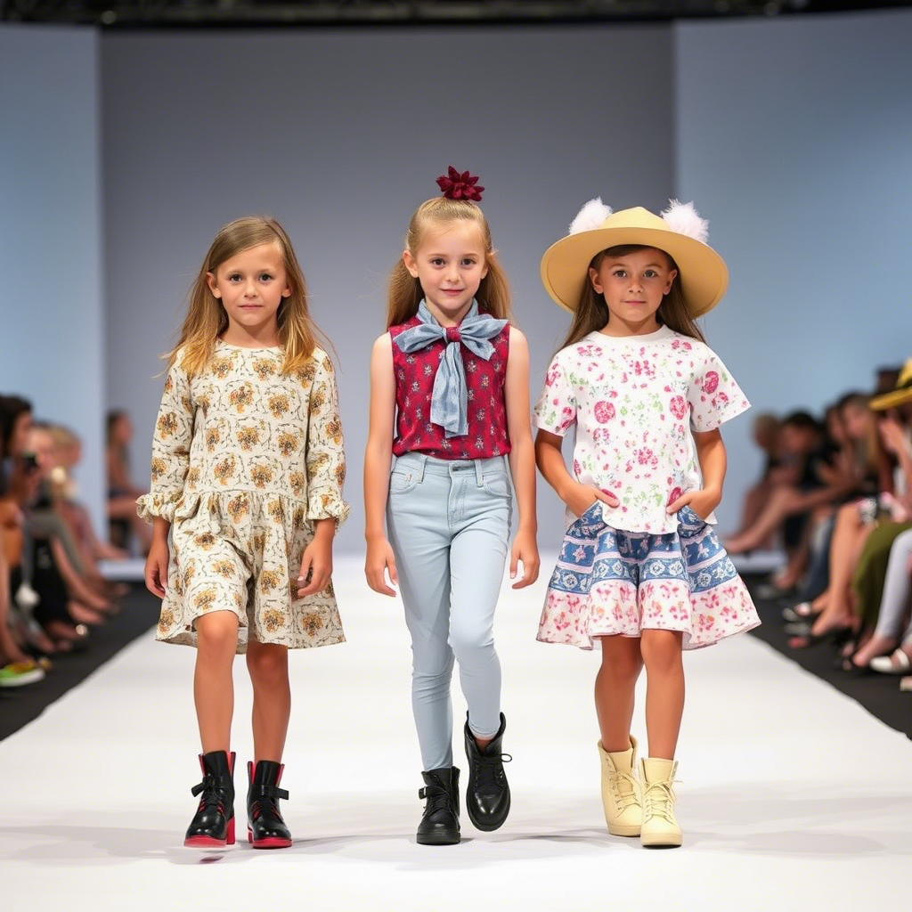 Kids fashion models showcasing various outfits on a catwalk