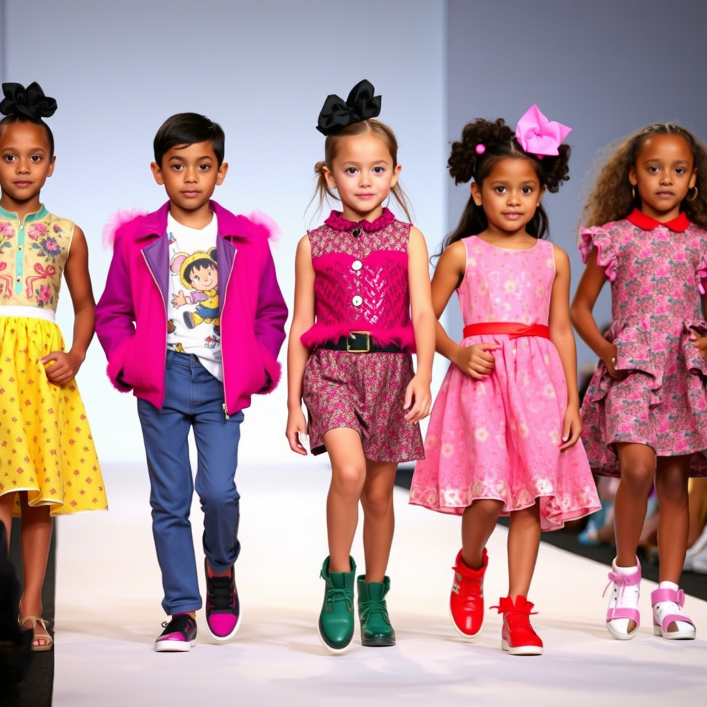 Kids’ fashion runway with diverse models showcasing latest designs