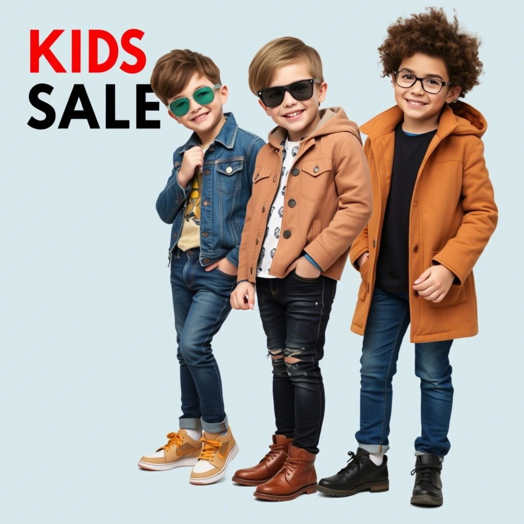Kids fashion sale banner featuring boys in stylish jeans and coats