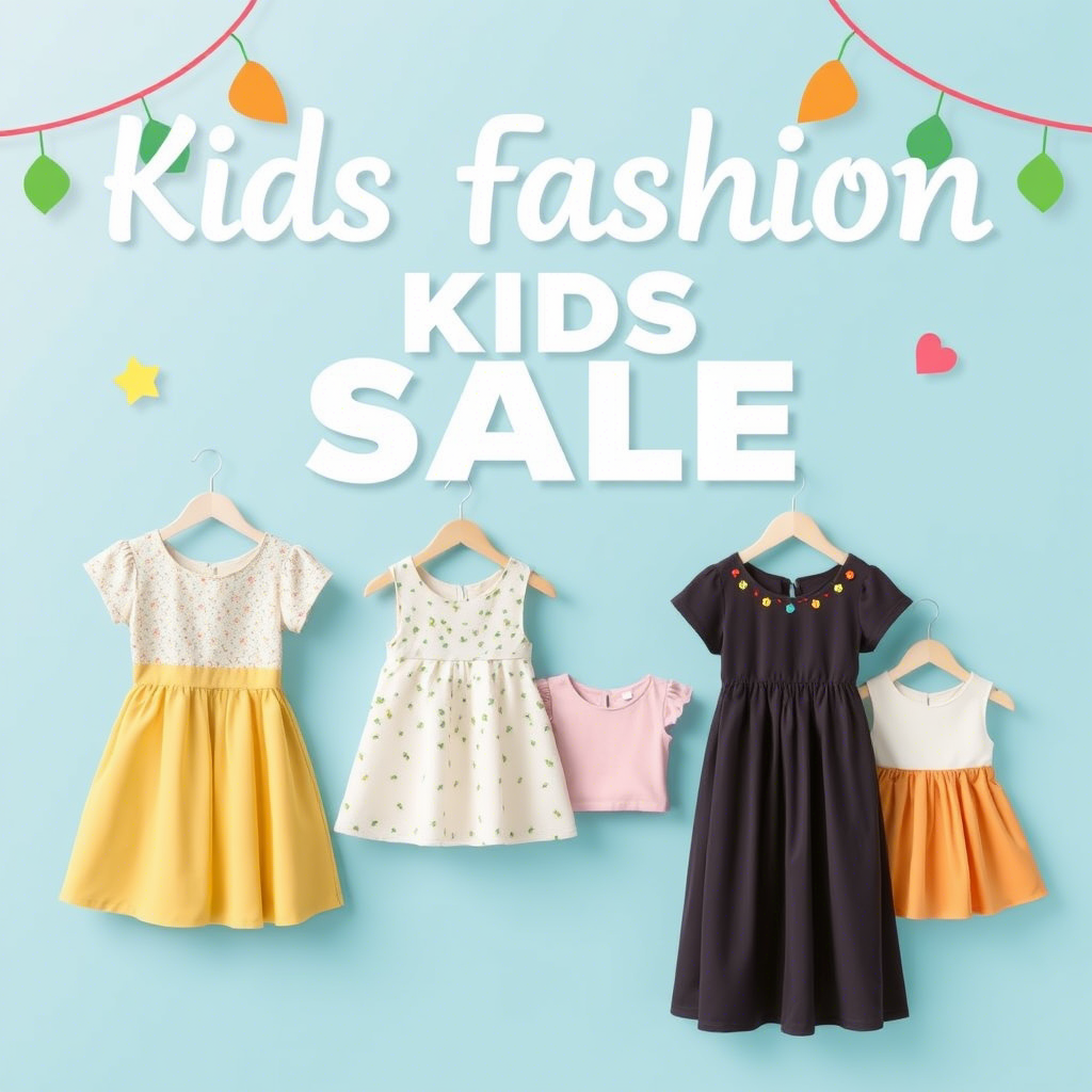 Kids’ fashion sale banner with diverse dresses and tops