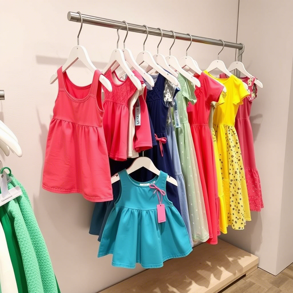 Kids fashion sale with colorful tops and dresses displayed