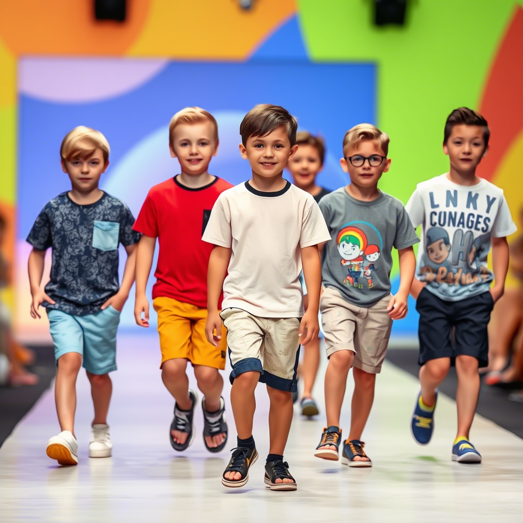 Kids fashion show featuring boys in trendy shorts and T-shirts on a colorful runway