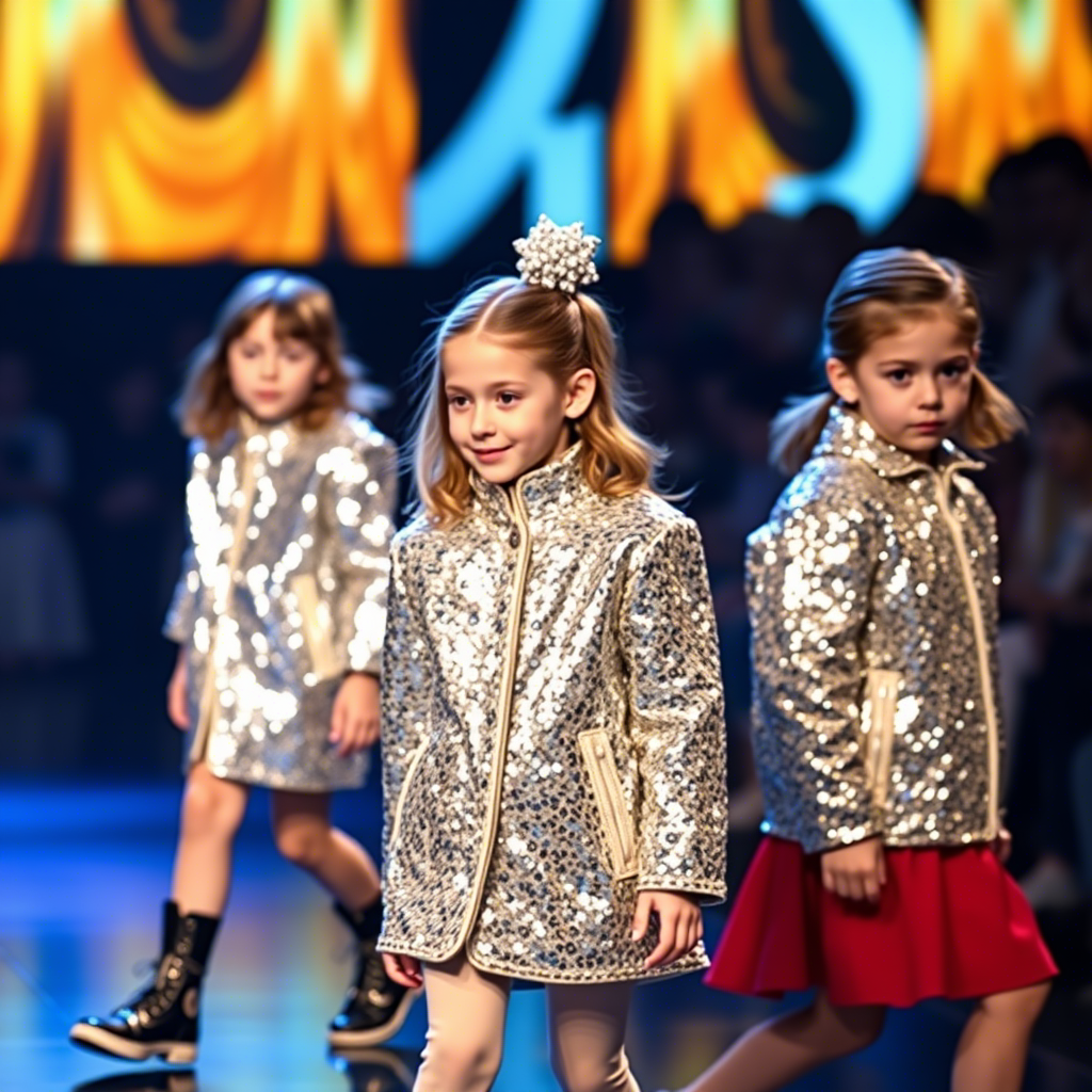 Kids fashion show featuring models in shiny sequin jackets