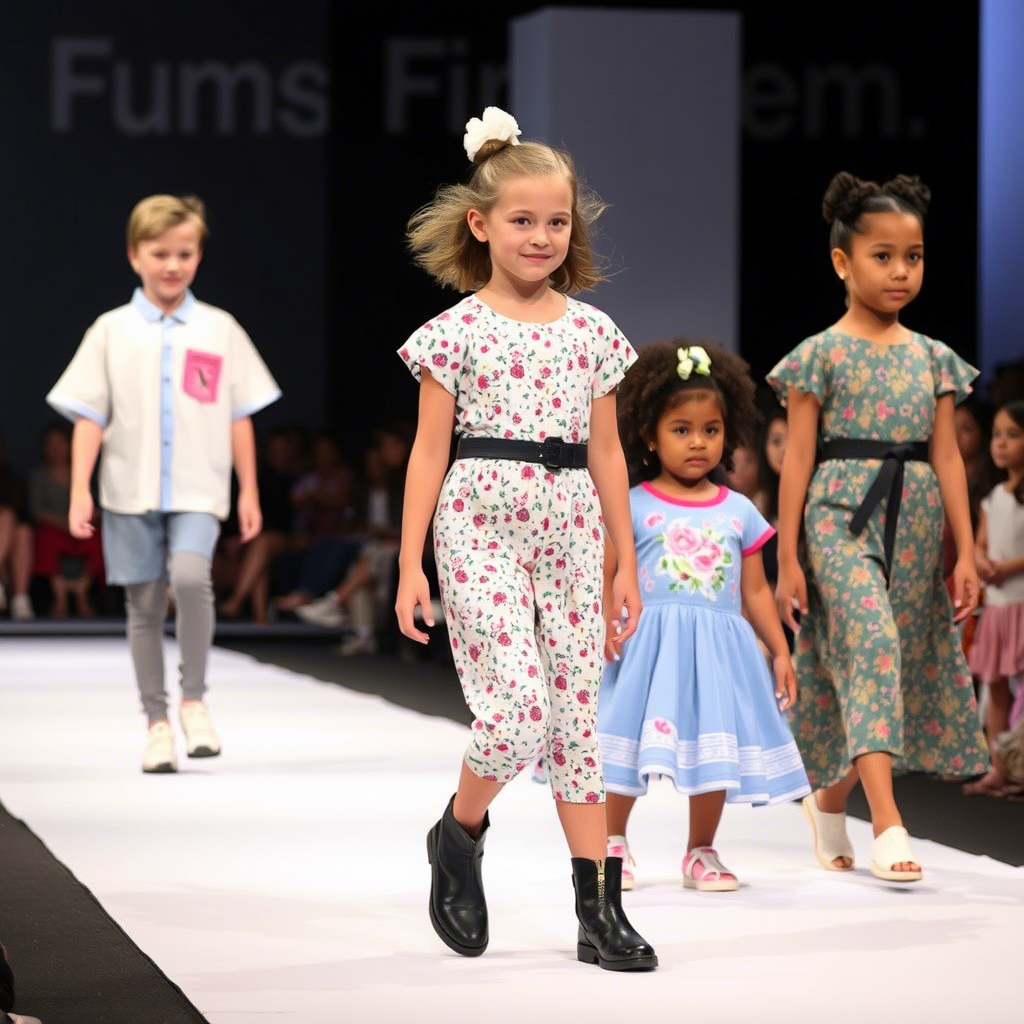 Kids fashion show with diverse models and outfits
