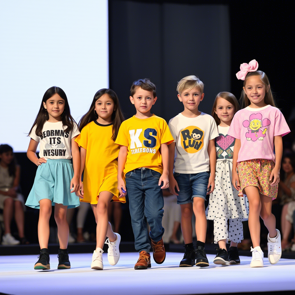 Kids’ fashion show with models wearing trendy clothing from a popular brand