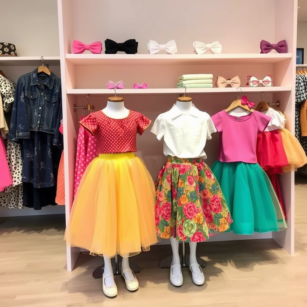 Kids fashion store showcasing colorful skirts for girls