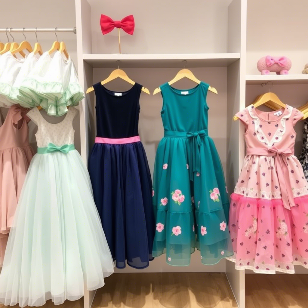 Kids fashion store with diverse skirts and dresses on display