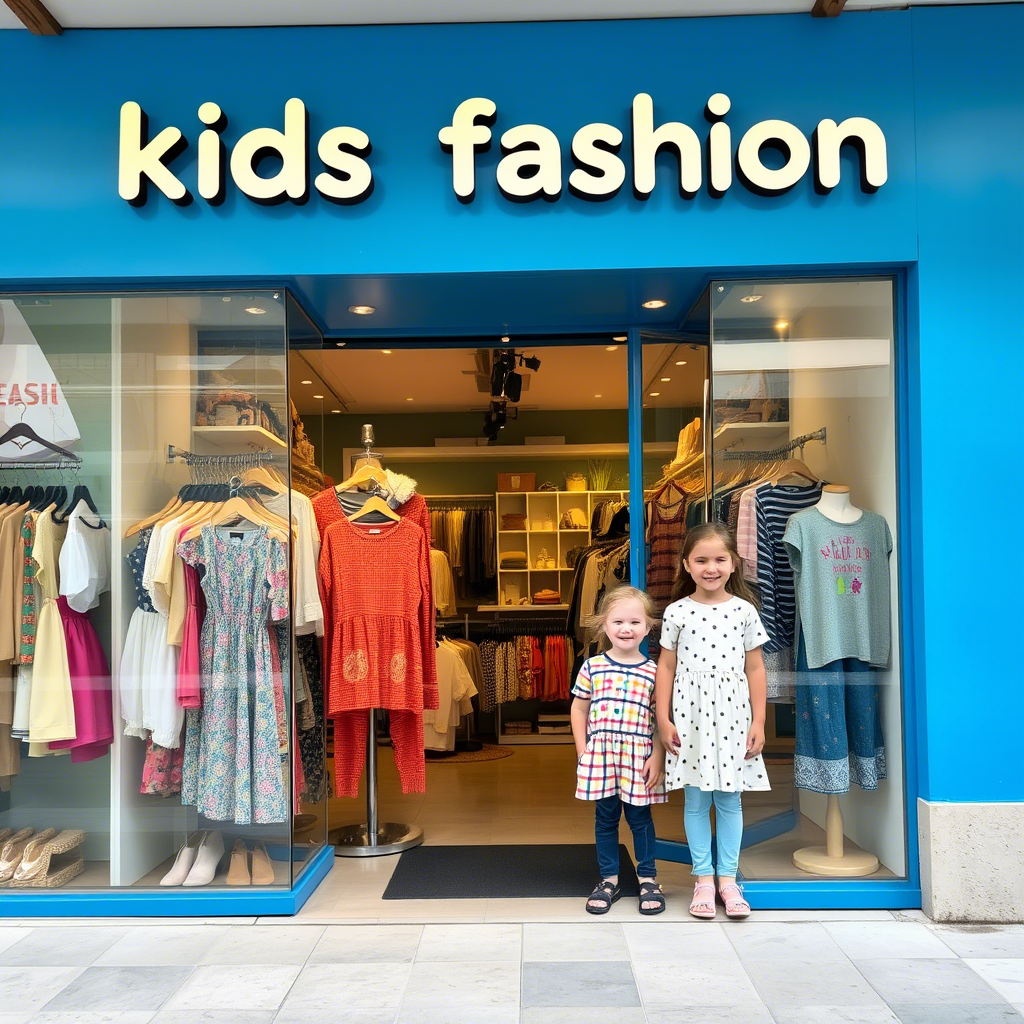 Kids fashion storefront with diverse clothing and happy children