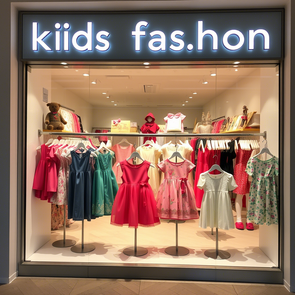 Kids fashion storefront with various dresses and tops on display