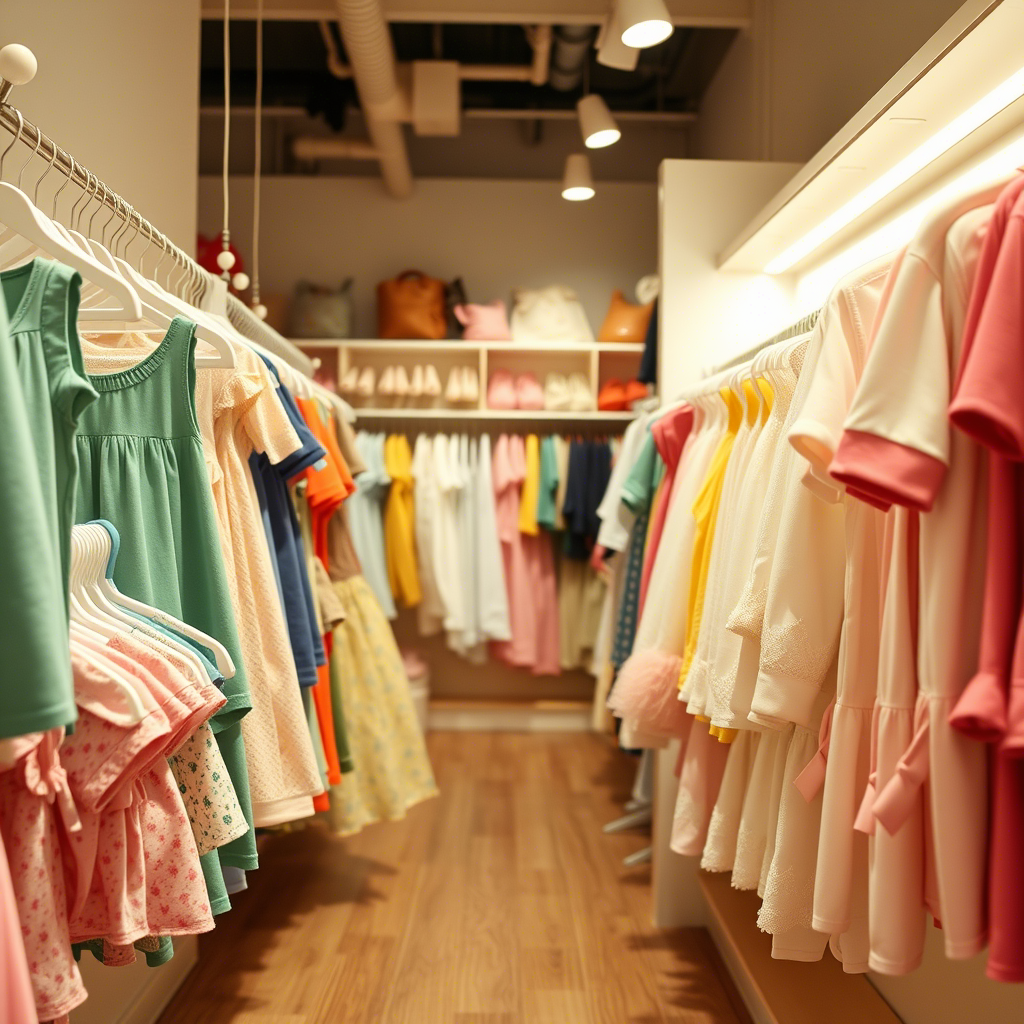 Kids’ fashion storehouse with rows of adorable apparel hanging