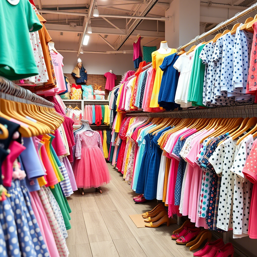 Kids fashion wholesale market with diverse clothing on shelves