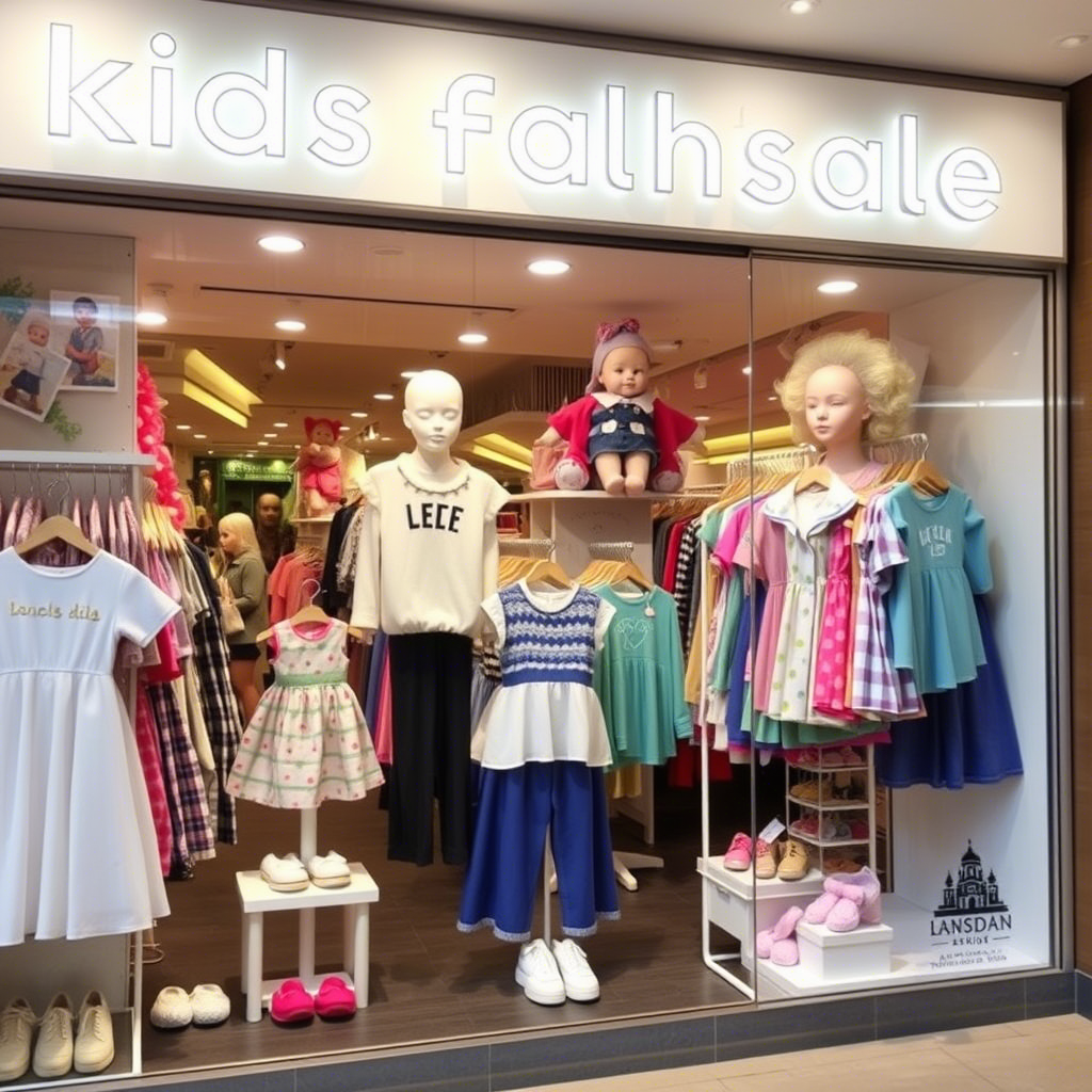 Kids fashion wholesale storefront with adorable clothing displays