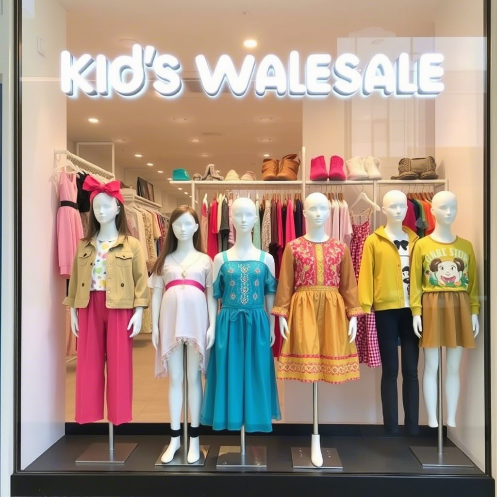 Kids fashion wholesale storefront with diverse outfits on mannequins