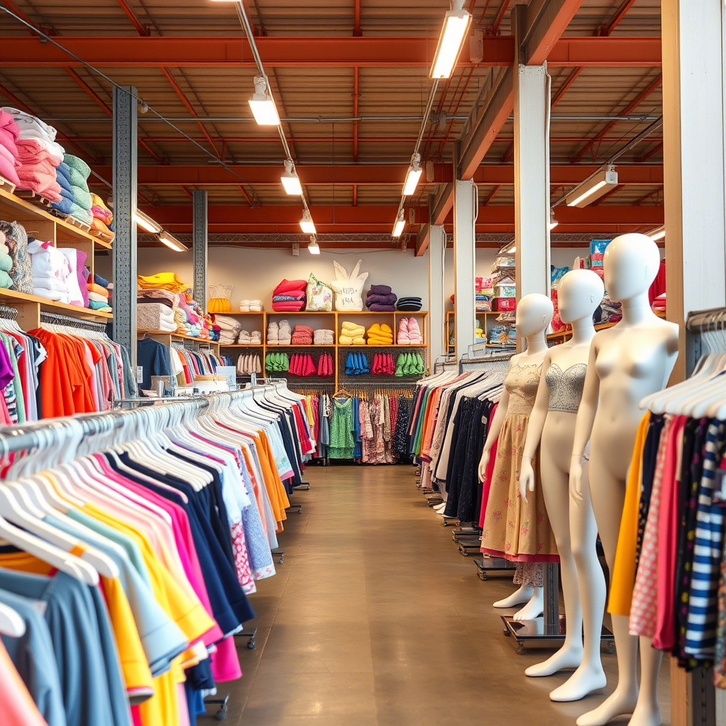 Kids’ fashion wholesale warehouse with colorful clothing racks and mannequins