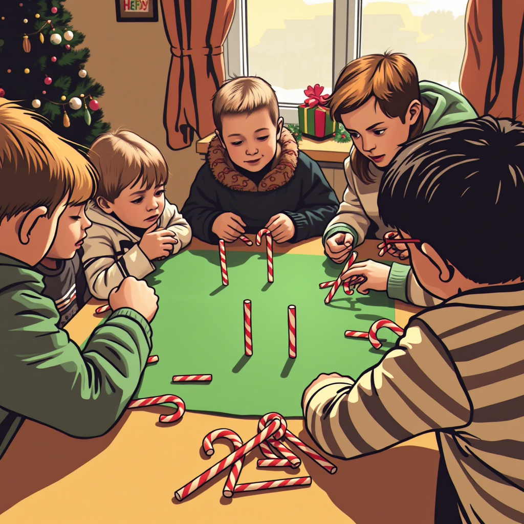Kids gathering around to play a Christmas game with candy canes