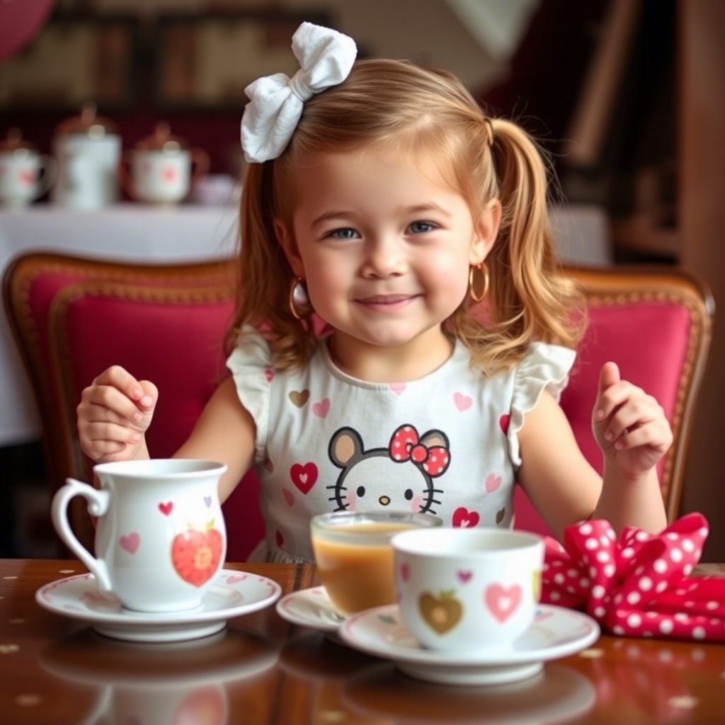 Kids girl in a cute cartoon character printed dress having a tea party