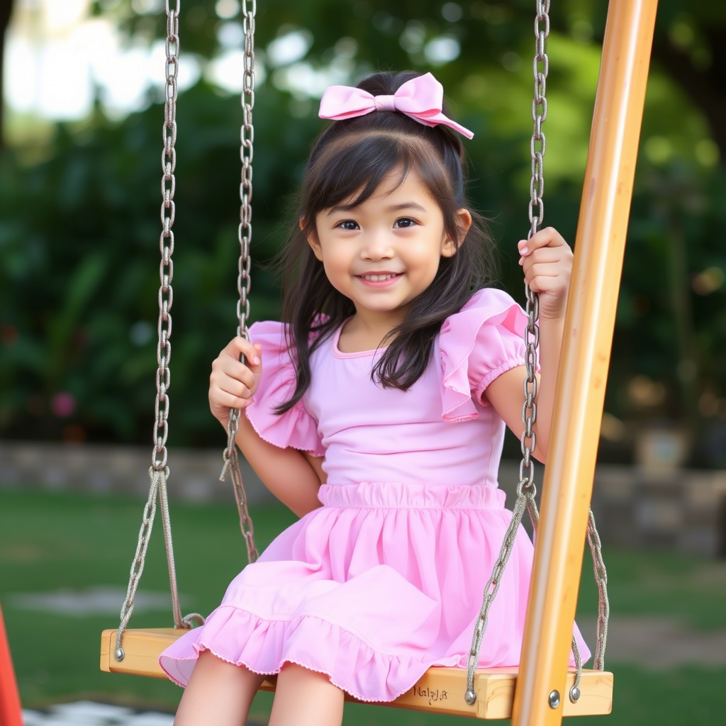 Kids girl in a pretty pink skirt and top set sitting on a swing