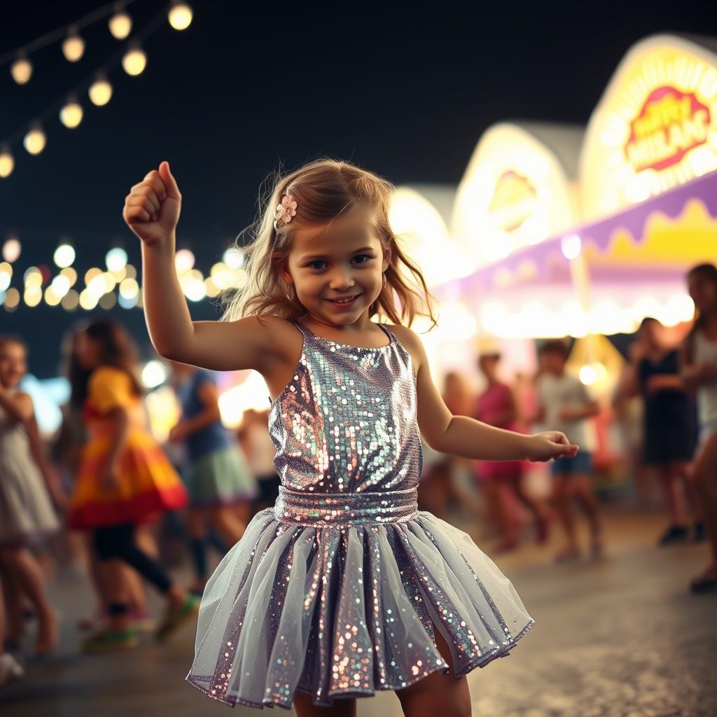 Kids girl in a shiny sequin skirt dancing at a festival