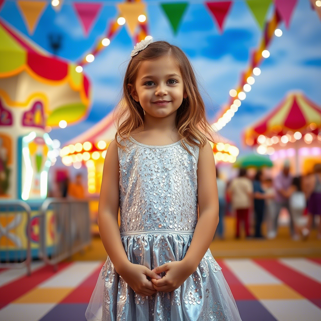 Kids girl in glittering silver dress, standing in front of a colorful carnival background