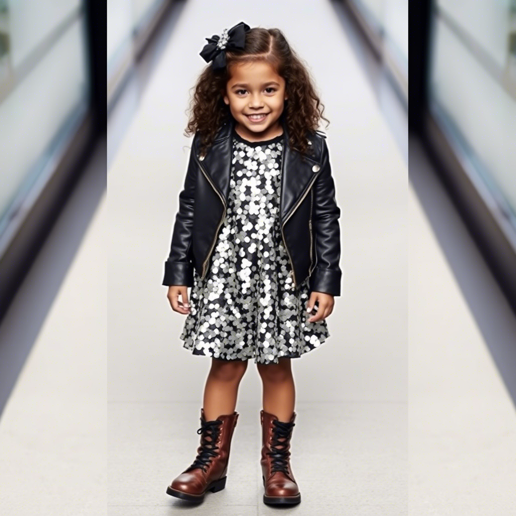 Kids girl sequin dress with leather jacket and boots