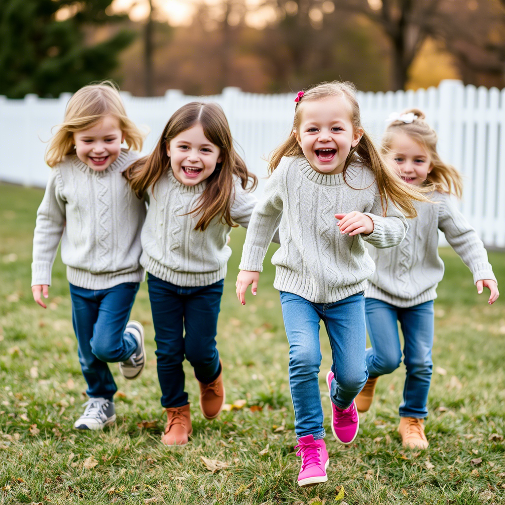 Kids happily playing outside in matching sweaters and jeans