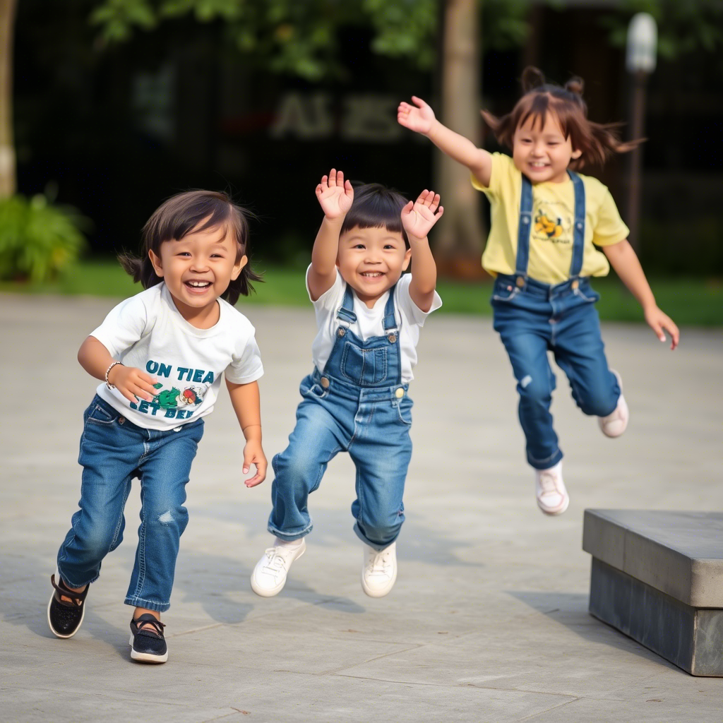 Kids happily playing while wearing comfortable jeans and pants from a Chinese brand