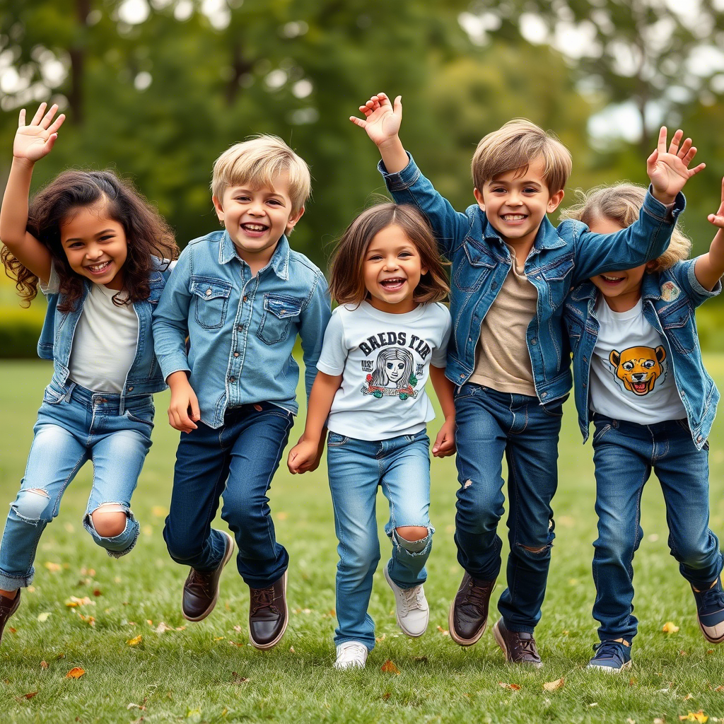 Kids happily playing while wearing different jeans brands