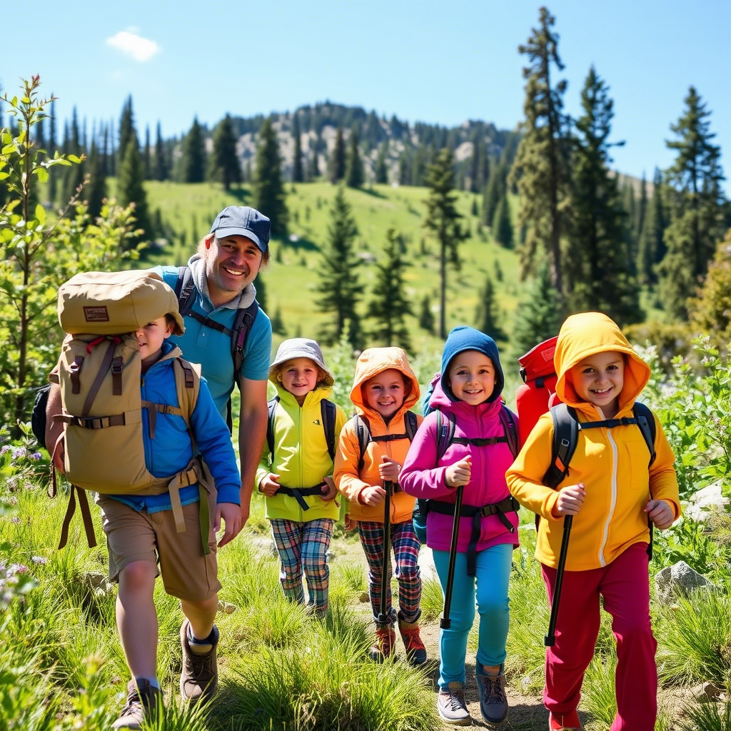 Kids hiking with parents in colorful outdoor gear