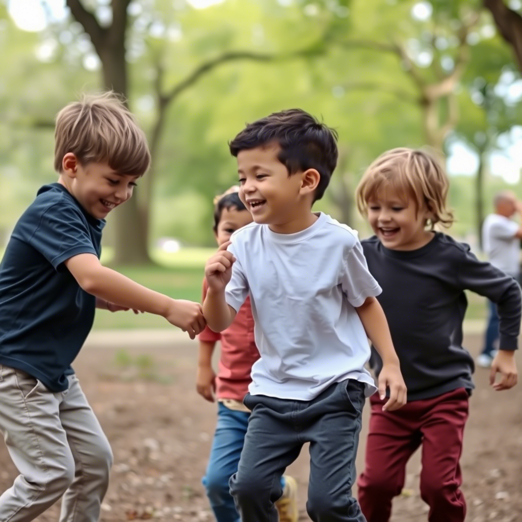 Kids in casual trousers playing together in a park