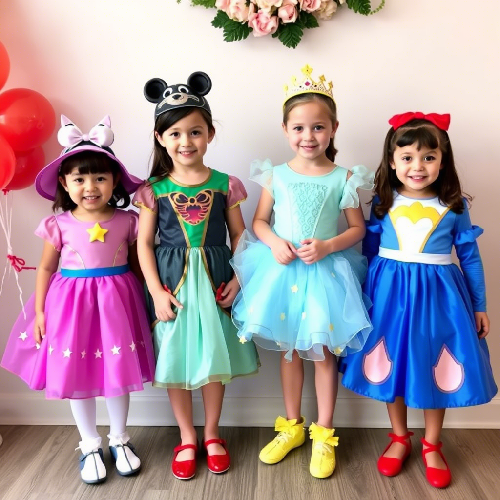 Kids in colorful cartoon character themed party dresses
