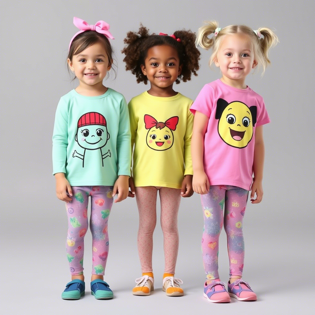 Kids in colorful cartoon character tops and leggings