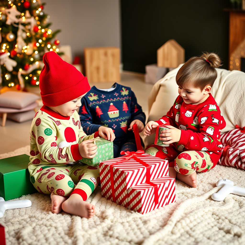 Kids in colorful Christmas-themed PJs opening gifts on a winter morning