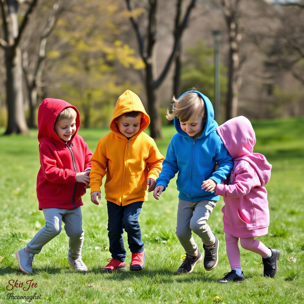 Kids in colorful hoodies playing together in a park on a sunny day