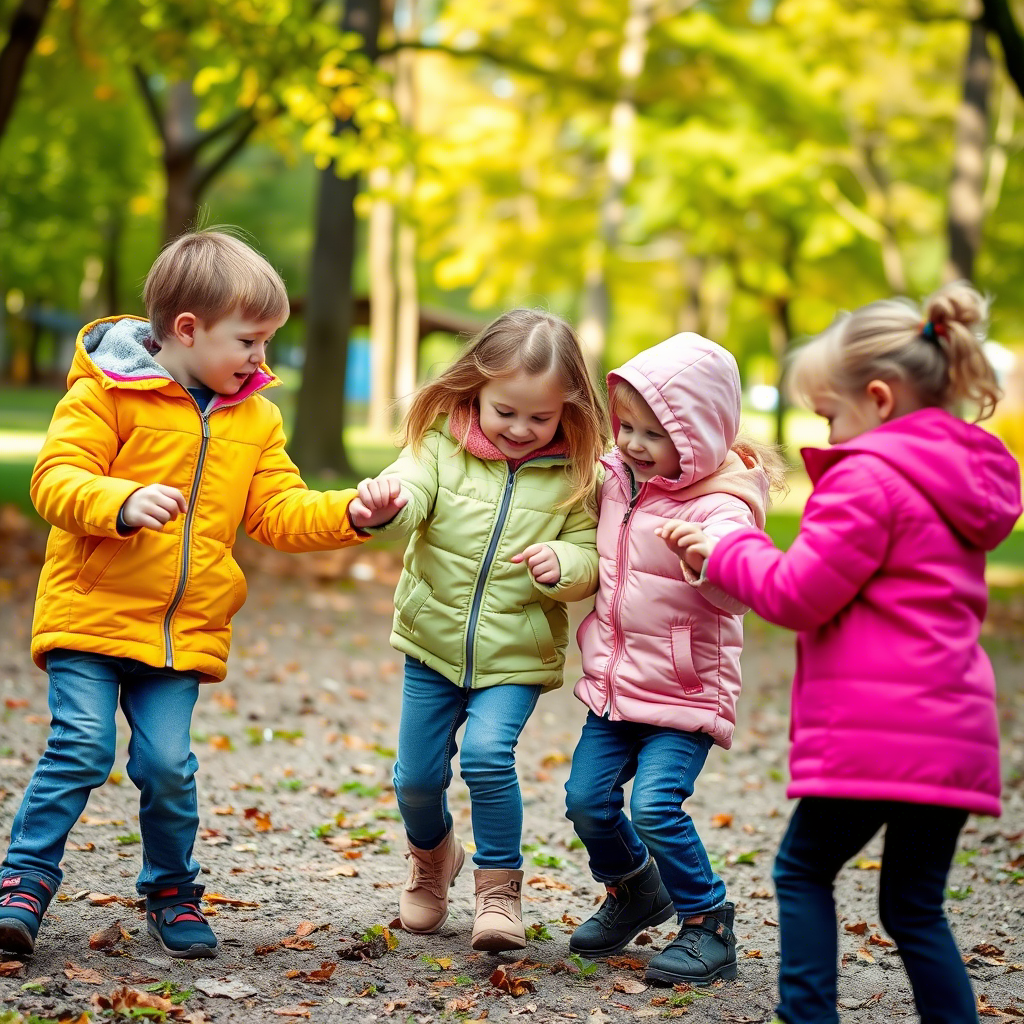 Kids in colorful jackets and jeans playing together in a park