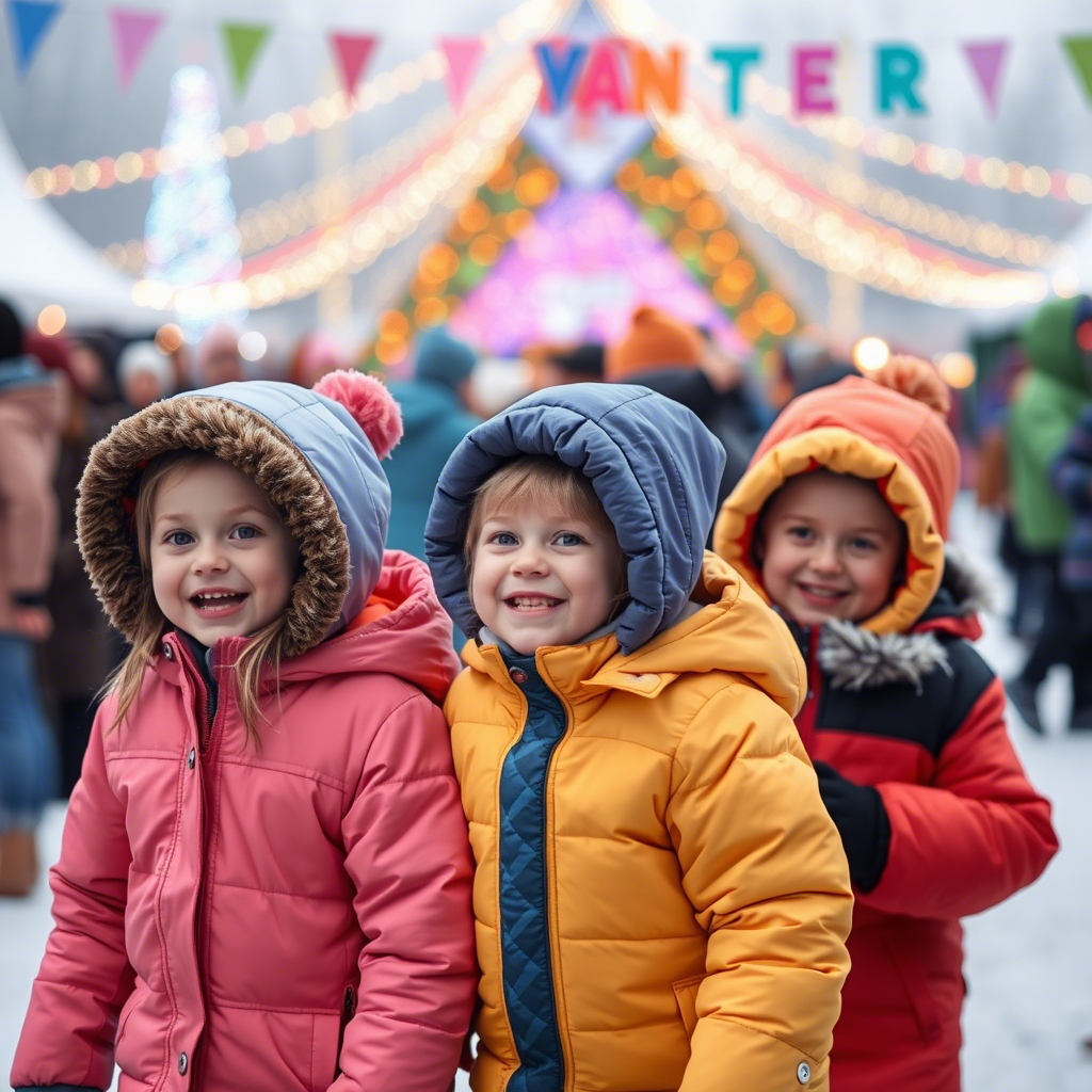 Kids in colorful jackets having fun at a winter festival